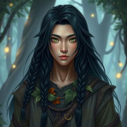 A human druid character inspired by Dungeons and Dragons, featuring long black hair styled with two braids on each side of the face