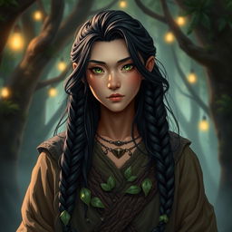 A human druid character inspired by Dungeons and Dragons, featuring long black hair styled with two braids on each side of the face