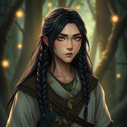 A human druid character inspired by Dungeons and Dragons, featuring long black hair styled with two braids on each side of the face