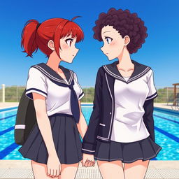 Two girls holding hands, gazing at each other with a strong sense of chemistry; one girl has red hair and fair skin, while the other has dark, curly hair and a tanned complexion