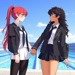 Two girls holding hands, gazing at each other with a strong sense of chemistry; one girl has red hair and fair skin, while the other has dark, curly hair and a tanned complexion