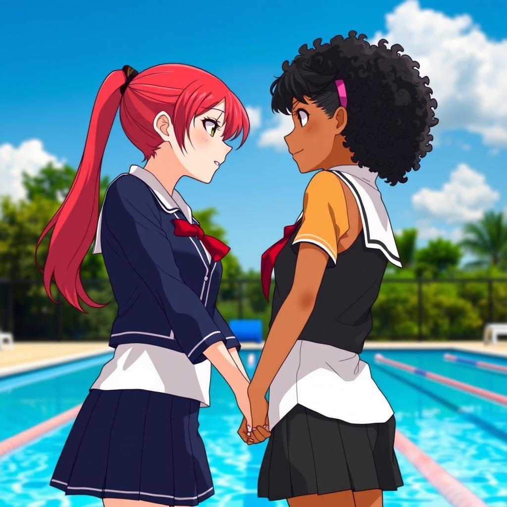 Two girls holding hands, gazing at each other with a strong sense of chemistry; one girl has red hair and fair skin, while the other has dark, curly hair and a tanned complexion