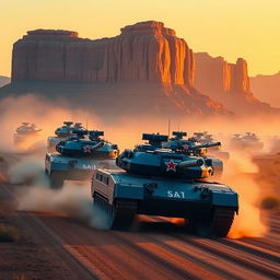 An epic scene illustrating a column of indigo M1 Abrams tanks, each prominently featuring a striking red star emblem on their turrets, surging through the iconic Monument Valley in Arizona