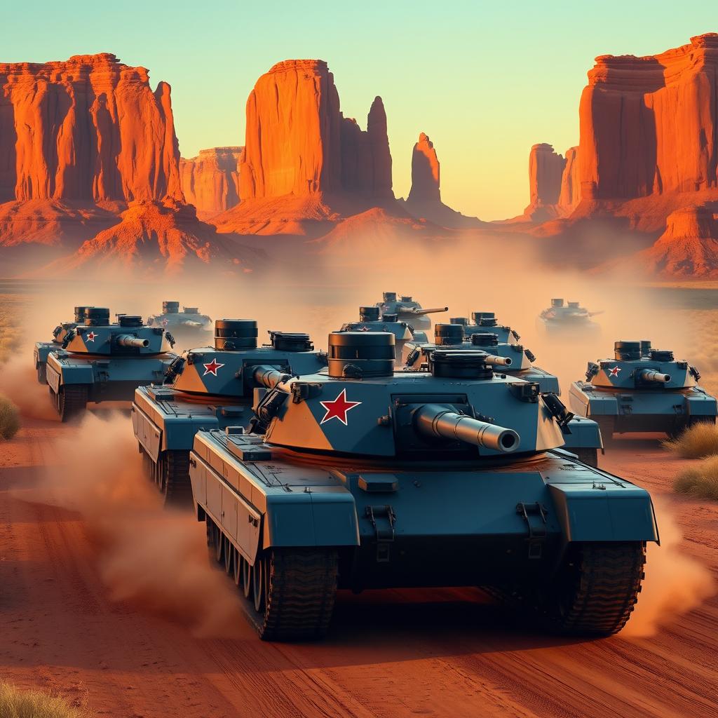 An epic scene illustrating a column of indigo M1 Abrams tanks, each prominently featuring a striking red star emblem on their turrets, surging through the iconic Monument Valley in Arizona