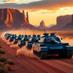 An epic scene illustrating a column of indigo M1 Abrams tanks, each prominently featuring a striking red star emblem on their turrets, surging through the iconic Monument Valley in Arizona