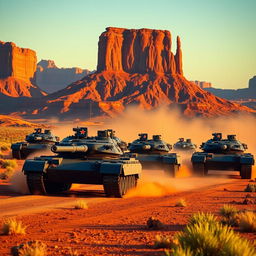 An epic scene illustrating a column of indigo M1 Abrams tanks, each prominently featuring a striking red star emblem on their turrets, surging through the iconic Monument Valley in Arizona