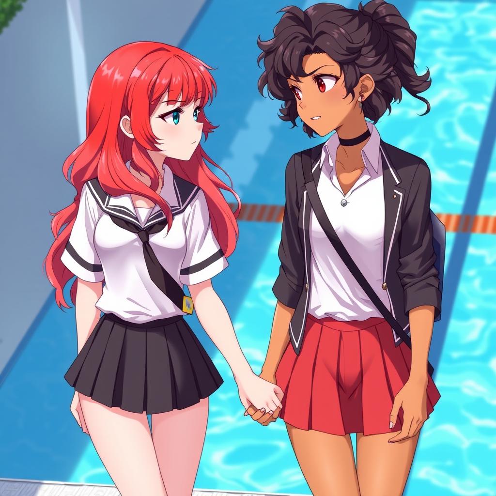 A 2D illustration of two girls holding hands, gazing at each other with a strong sense of chemistry; one girl has red hair and fair skin, while the other has dark, curly hair and a tanned complexion