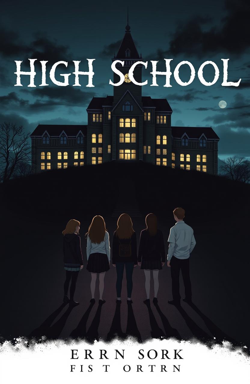 A novel cover depicting a high school building towering on a hill at night