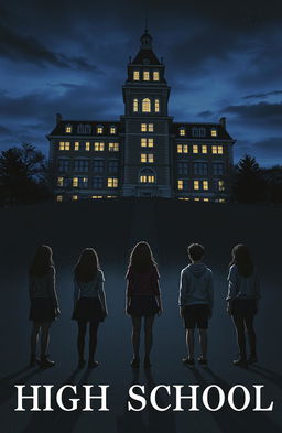 A novel cover depicting a high school building towering on a hill at night