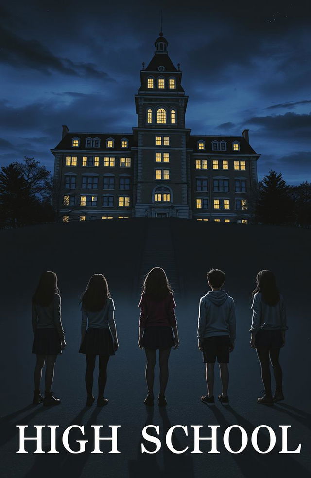 A novel cover depicting a high school building towering on a hill at night