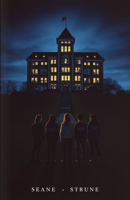 A novel cover depicting a high school building towering on a hill at night