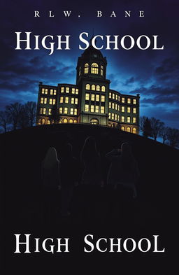 A novel cover depicting a high school building towering on a hill at night