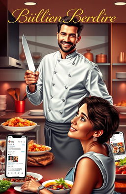 A captivating romance novel cover featuring a handsome billionaire chef with a charming smile, wearing a stylish chef's coat and holding a gleaming culinary knife in one hand