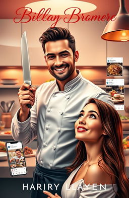 A captivating romance novel cover featuring a handsome billionaire chef with a charming smile, wearing a stylish chef's coat and holding a gleaming culinary knife in one hand