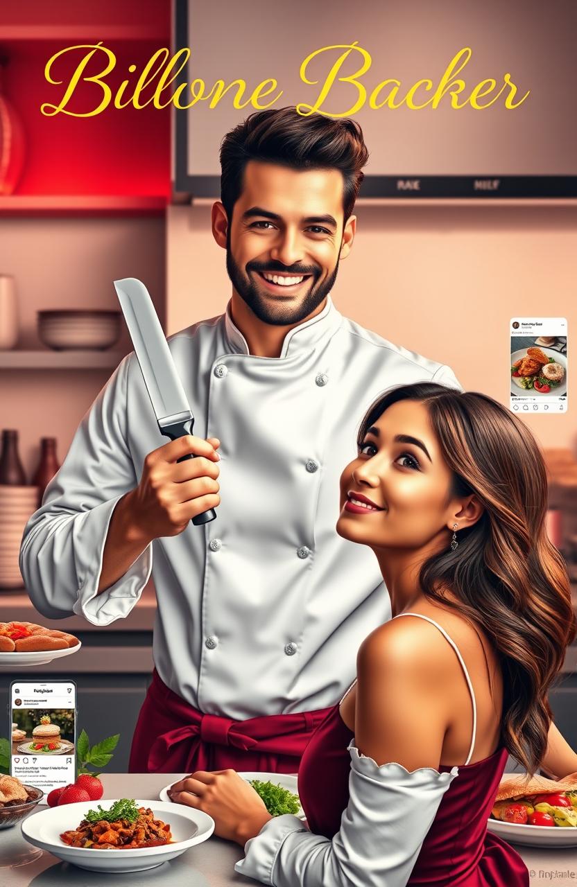 A captivating romance novel cover featuring a handsome billionaire chef with a charming smile, wearing a stylish chef's coat and holding a gleaming culinary knife in one hand