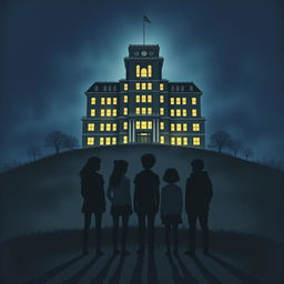 A novel cover featuring a high school building rising majestically atop a hill at night