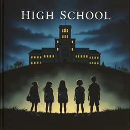 A novel cover featuring a high school building rising majestically atop a hill at night