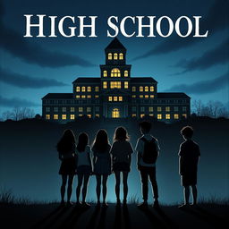 A novel cover featuring a high school building rising majestically atop a hill at night