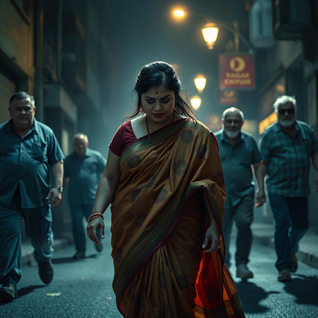 A suspenseful scene featuring a plump Indian female character adorned in a colorful saree, which billows gracefully around her as she walks through a dimly lit urban street