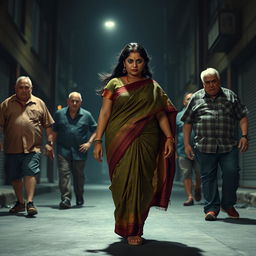 A suspenseful scene featuring a plump Indian female character adorned in a colorful saree, which billows gracefully around her as she walks through a dimly lit urban street