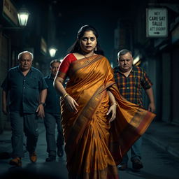 A suspenseful scene featuring a plump Indian female character adorned in a colorful saree, which billows gracefully around her as she walks through a dimly lit urban street