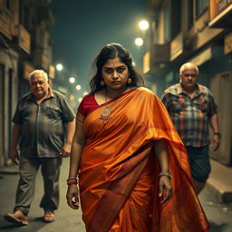 A suspenseful scene featuring a plump Indian female character adorned in a colorful saree, which billows gracefully around her as she walks through a dimly lit urban street