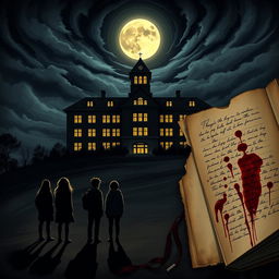 A novel cover illustrating a grand yet haunting high school building rising above a hill at night