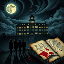 A novel cover illustrating a grand yet haunting high school building rising above a hill at night