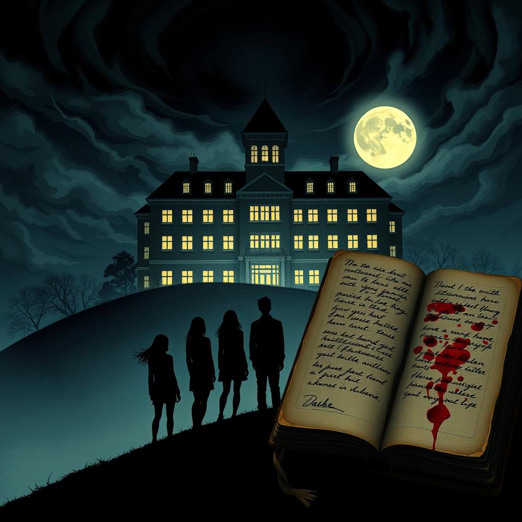 A novel cover illustrating a grand yet haunting high school building rising above a hill at night