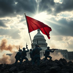 An epic scene capturing the aftermath of the Second American Civil War, featuring soldiers in blue US Army uniforms, each armed with M16 rifles, raising a striking red flag triumphantly behind the ruins of the destroyed US Capitol building