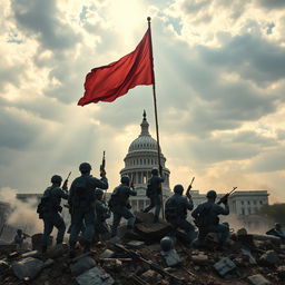 An epic scene capturing the aftermath of the Second American Civil War, featuring soldiers in blue US Army uniforms, each armed with M16 rifles, raising a striking red flag triumphantly behind the ruins of the destroyed US Capitol building