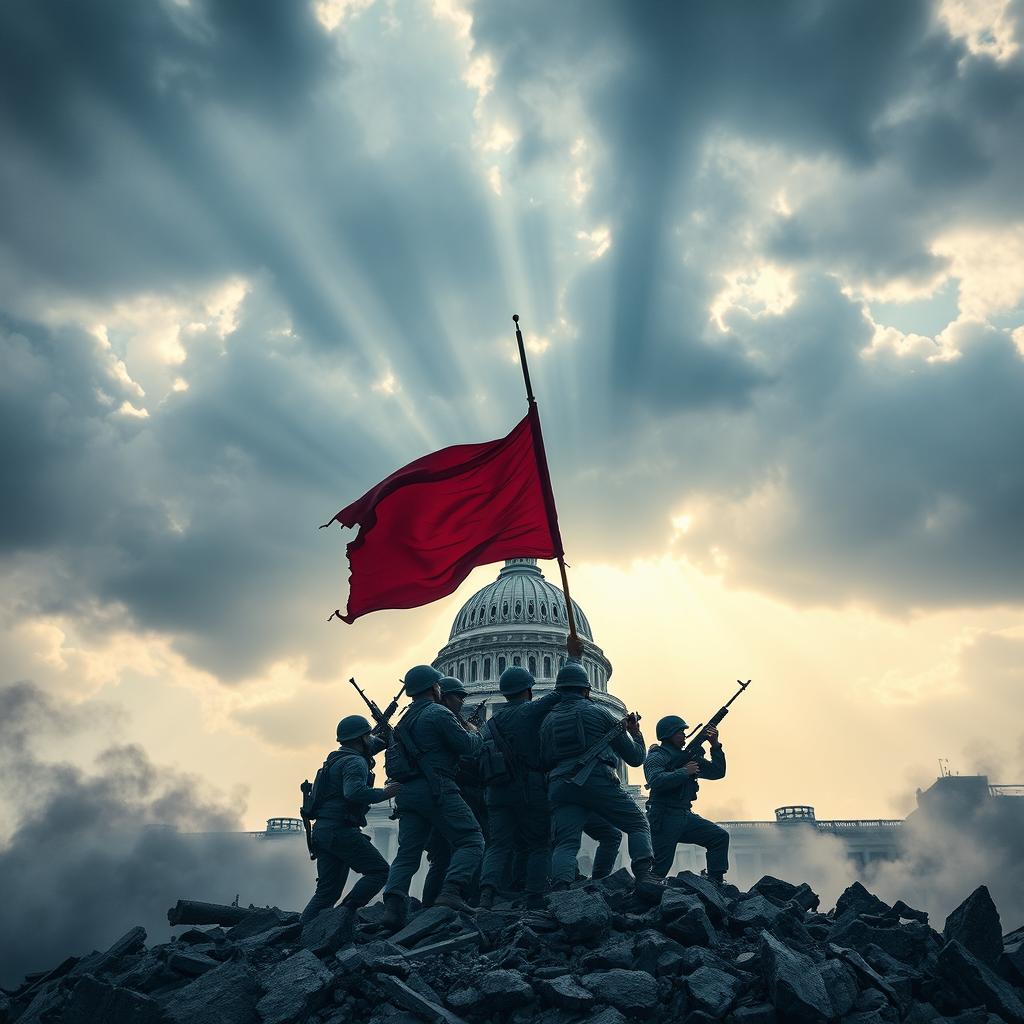 An epic scene capturing the aftermath of the Second American Civil War, featuring soldiers in blue US Army uniforms, each armed with M16 rifles, raising a striking red flag triumphantly behind the ruins of the destroyed US Capitol building