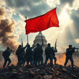 An epic scene capturing the aftermath of the Second American Civil War, featuring soldiers in blue US Army uniforms, each armed with M16 rifles, raising a striking red flag triumphantly behind the ruins of the destroyed US Capitol building