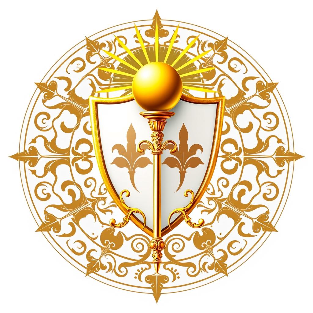 An emblem depicting a medieval European civilization, featuring an elegant shield at the center