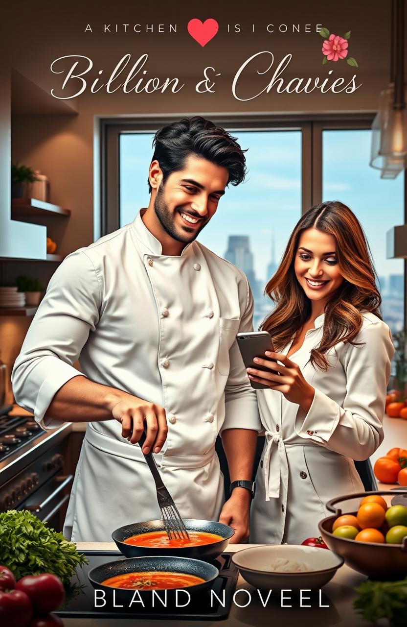 A romantic cover for a novel featuring a charismatic billionaire chef, with chiseled features, tousled dark hair, and a charming smile, standing in a luxurious kitchen filled with gourmet ingredients and cooking tools