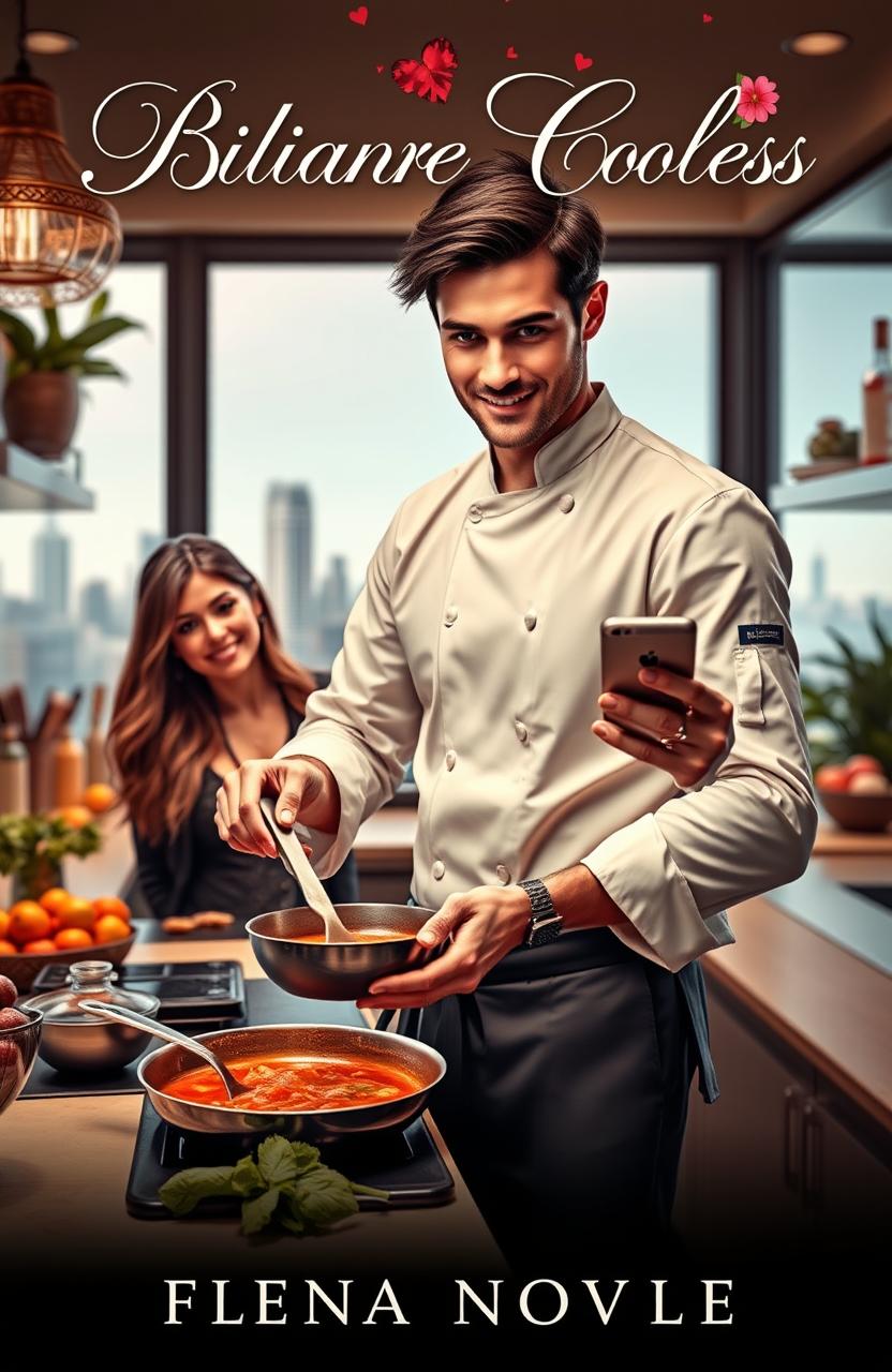 A romantic cover for a novel featuring a charismatic billionaire chef, with chiseled features, tousled dark hair, and a charming smile, standing in a luxurious kitchen filled with gourmet ingredients and cooking tools