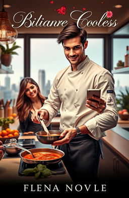 A romantic cover for a novel featuring a charismatic billionaire chef, with chiseled features, tousled dark hair, and a charming smile, standing in a luxurious kitchen filled with gourmet ingredients and cooking tools