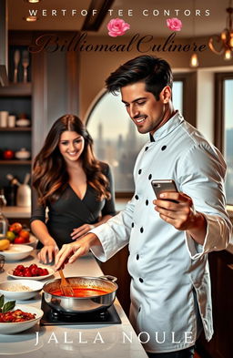 A romantic cover for a novel featuring a charismatic billionaire chef, with chiseled features, tousled dark hair, and a charming smile, standing in a luxurious kitchen filled with gourmet ingredients and cooking tools