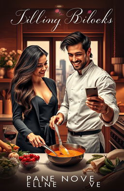 A romantic cover for a novel featuring a charismatic billionaire chef, with chiseled features, tousled dark hair, and a charming smile, standing in a luxurious kitchen filled with gourmet ingredients and cooking tools