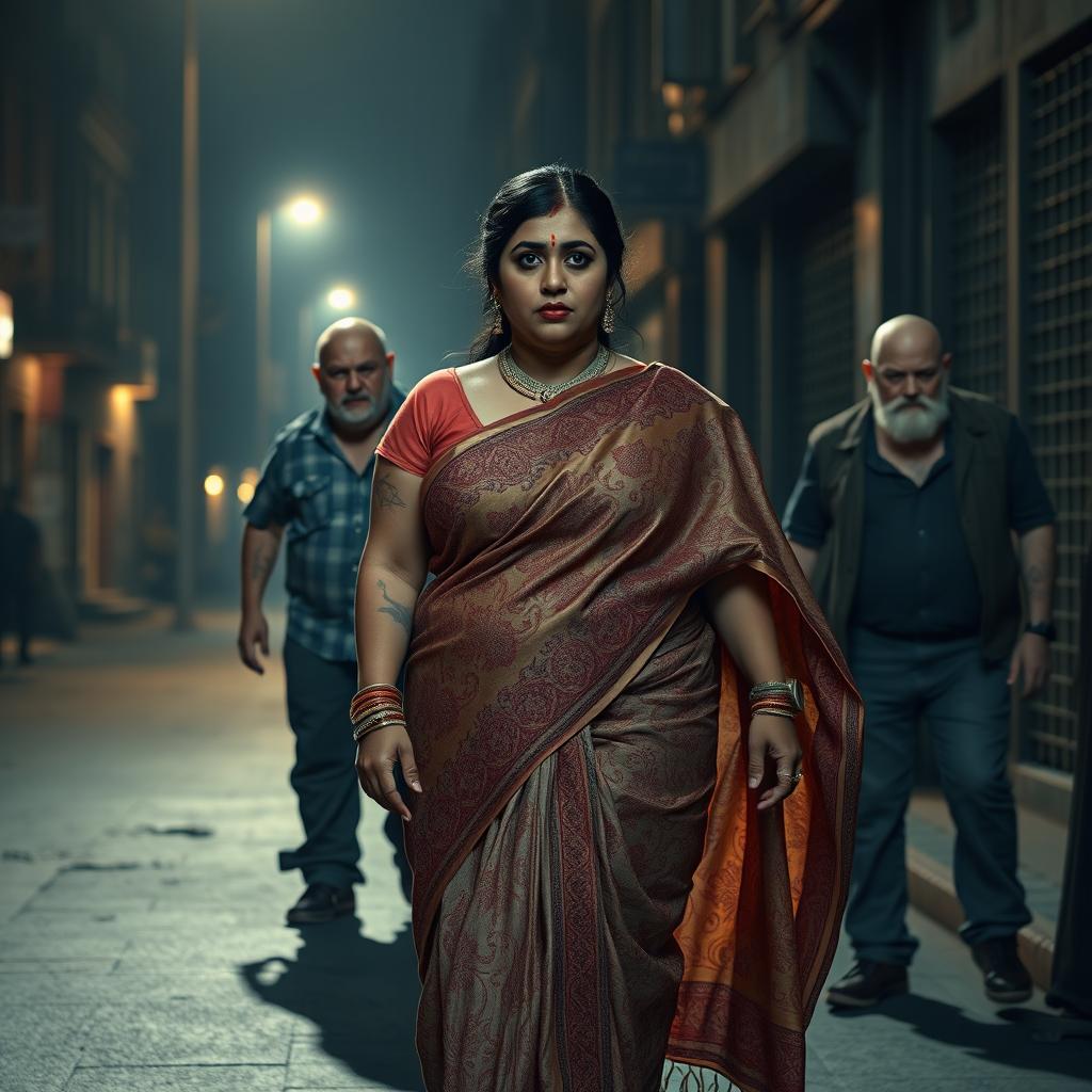 A tense and dramatic scene featuring a plump Indian female character wearing a beautifully detailed saree, which flows elegantly around her