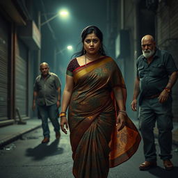 A tense and dramatic scene featuring a plump Indian female character wearing a beautifully detailed saree, which flows elegantly around her