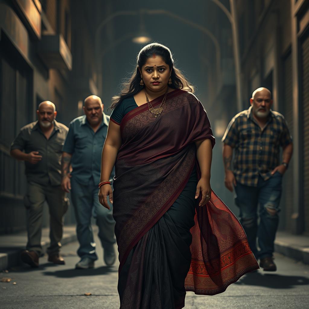 A tense and dramatic scene featuring a plump Indian female character wearing a beautifully detailed saree, which flows elegantly around her