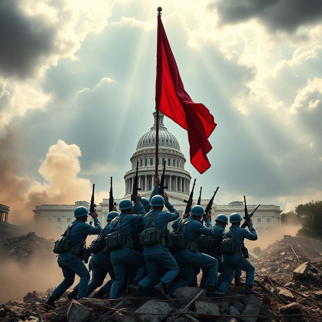 An epic scene depicting the aftermath of the Second American Civil War, showcasing soldiers clad in blue US Army uniforms, each wielding M16 rifles, triumphantly raising a bold red flag in front of the devastated US Capitol building