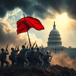 An epic scene depicting the aftermath of the Second American Civil War, showcasing soldiers clad in blue US Army uniforms, each wielding M16 rifles, triumphantly raising a bold red flag in front of the devastated US Capitol building