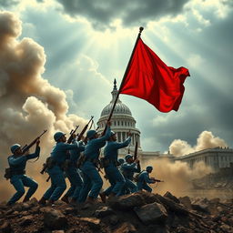 An epic scene depicting the aftermath of the Second American Civil War, showcasing soldiers clad in blue US Army uniforms, each wielding M16 rifles, triumphantly raising a bold red flag in front of the devastated US Capitol building