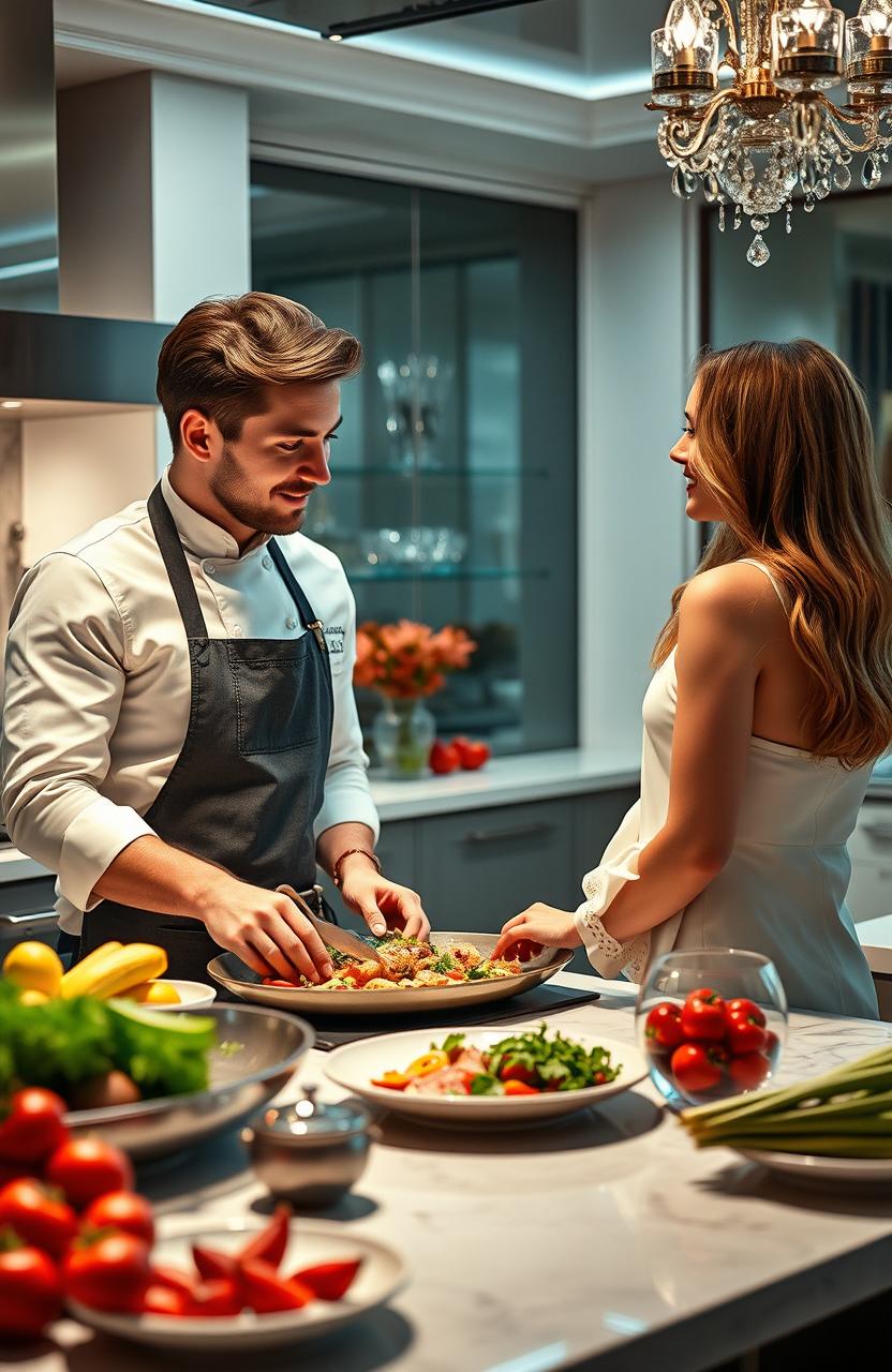 A romantic scene between a charming billionaire chef and his devoted follower, set in a luxurious, modern kitchen adorned with glamorous decor