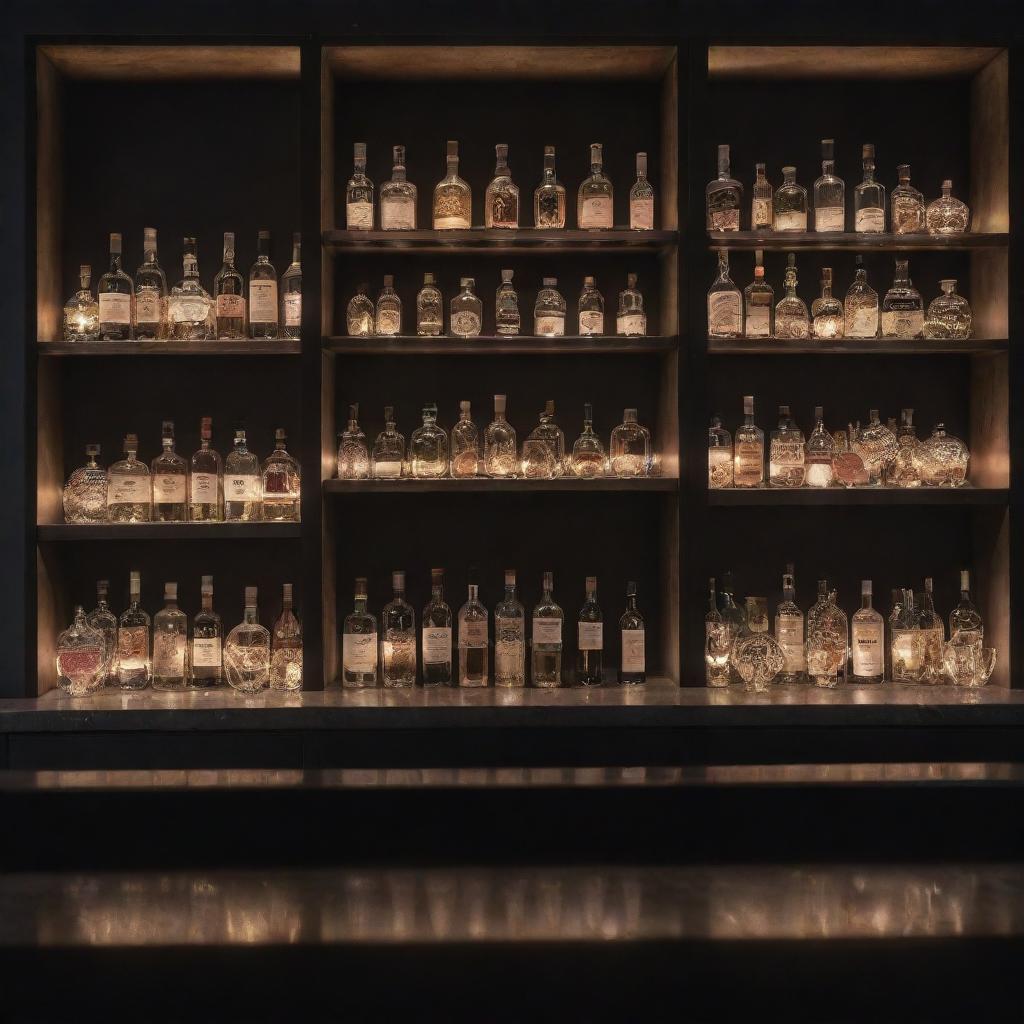 A stunning, stylish bar counter with beautiful, dim, romantic lighting and shelves filled with various bottles of exquisite drinks