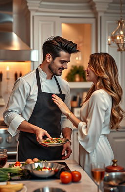 A romantic scene between a charming billionaire chef and his devoted follower, set in a luxurious, modern kitchen adorned with glamorous decor