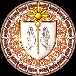 An emblem of a medieval European civilization, featuring a prominent shield at its center