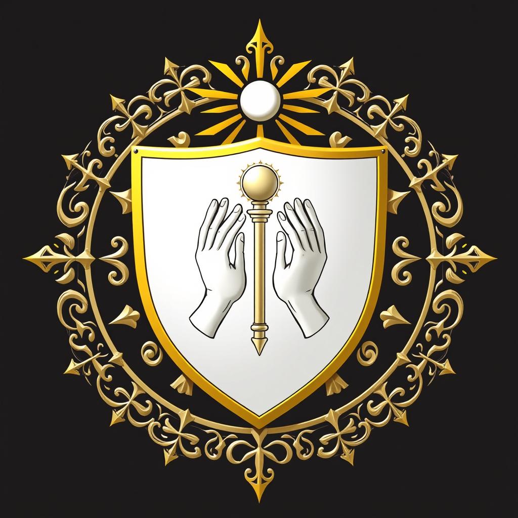 An emblem of a medieval European civilization, featuring a prominent shield at its center